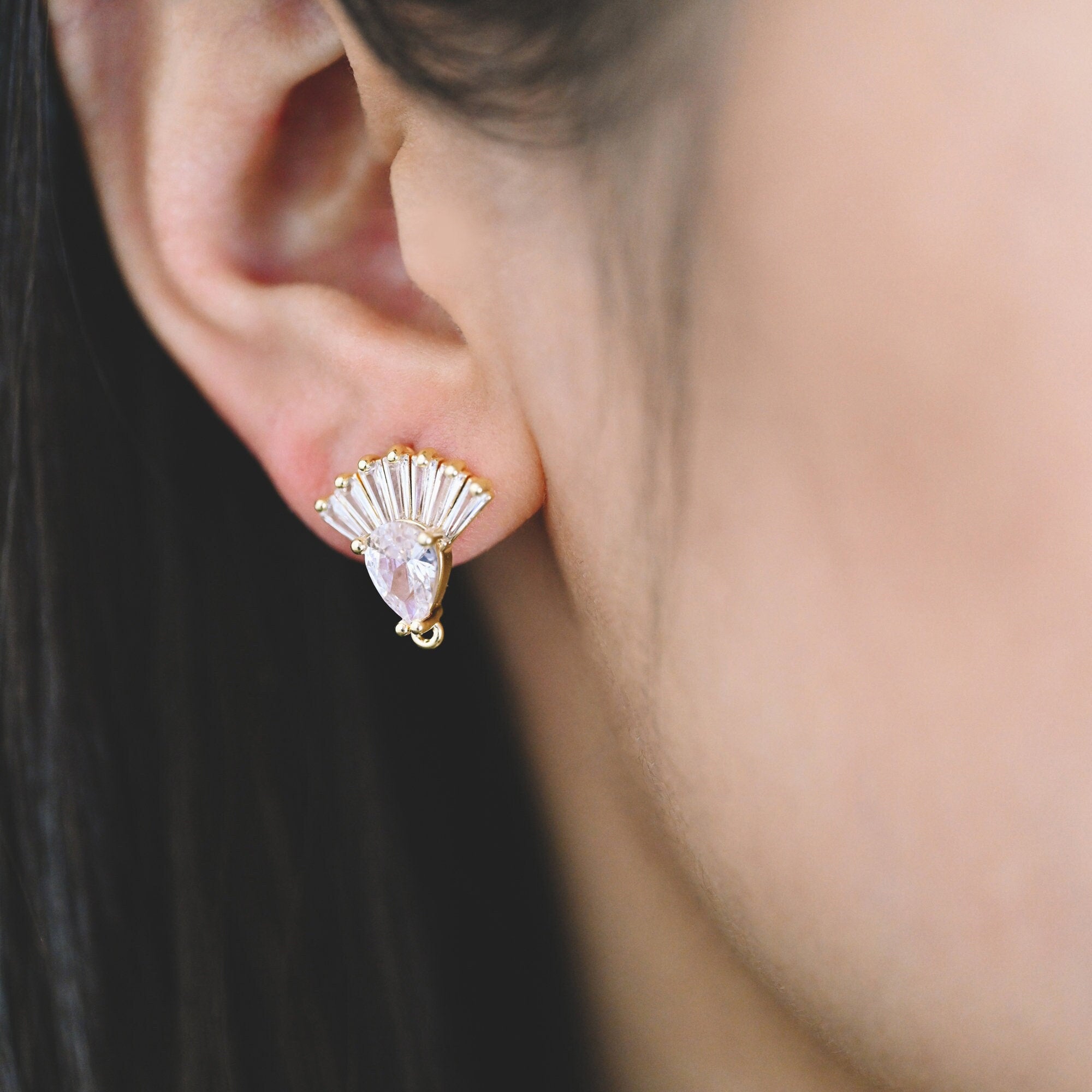 4pcs CZ Pave Gold Fan Shape Earring with Loop, Gold Plated Brass Fan Stud Earrings (#GB-1205-G)